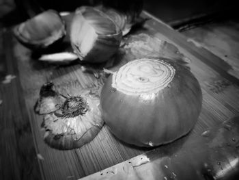 High angle view of fruits on cutting board