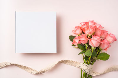 Directly above shot of pink rose on table against white background