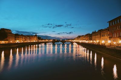 Bridge over river by illuminated buildings against sky at dusk