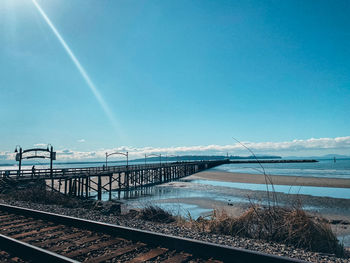 Railroad tracks by sea against blue sky