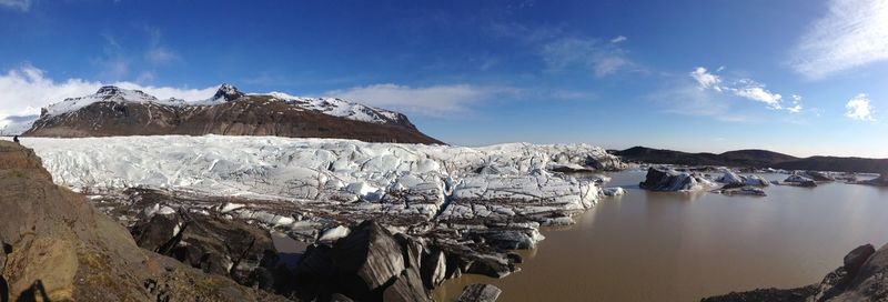 Panoramic view of lake and snowcapped mountain against sky