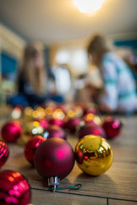 Close-up of christmas decorations on table