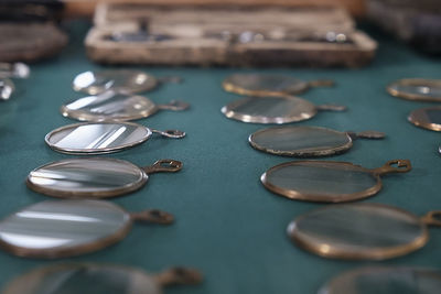 High angle view of coins on table