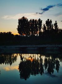 Silhouette trees by lake against sky during sunset