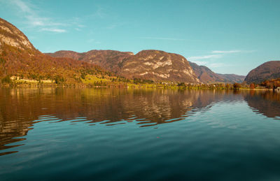 Scenic view of lake and mountains against sky