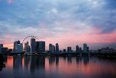 River by city buildings against sky during sunset