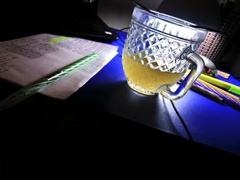 High angle view of drink on table