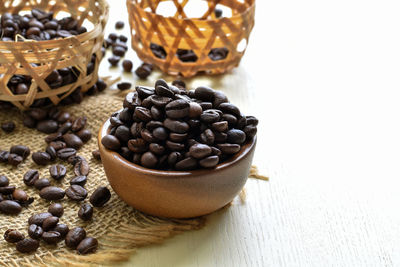 High angle view of coffee beans on table