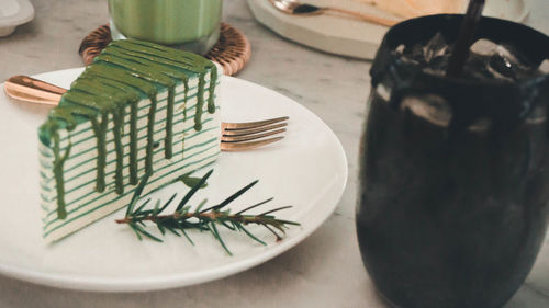 High angle view of cake in plate on table