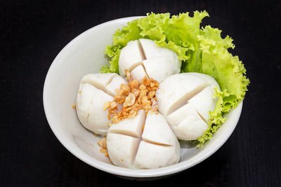 High angle view of vegetables in bowl on table