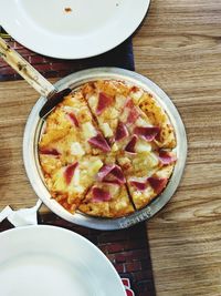 High angle view of pizza on table