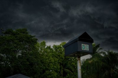 Low angle view of road sign against cloudy sky