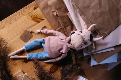 High angle view of people relaxing on wood