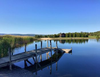 Scenic view of calm lake against blue sky