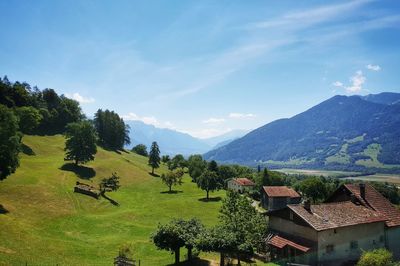 Scenic view of trees and houses against sky
