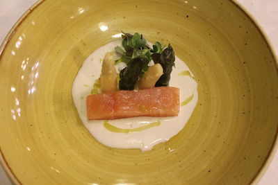 High angle view of soup in bowl