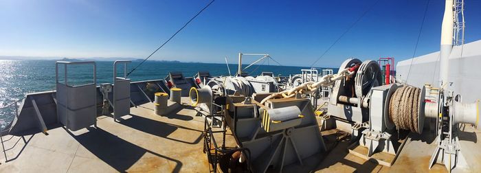 Panoramic shot of sea against clear blue sky