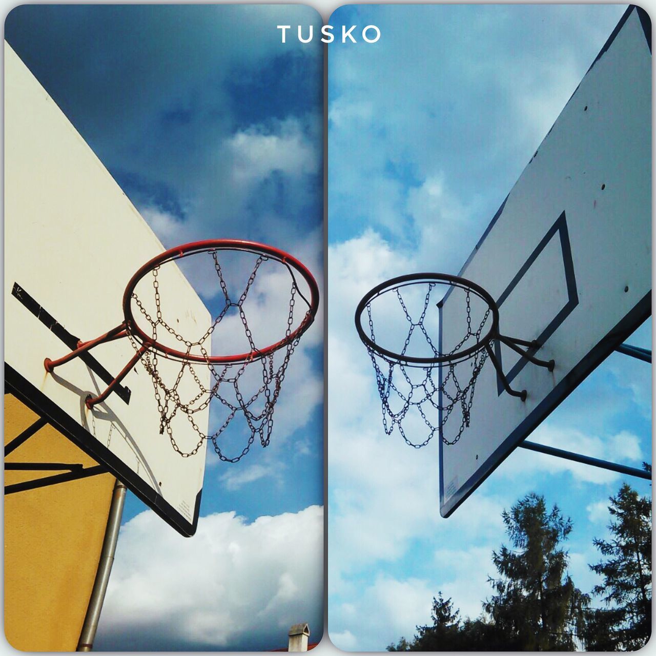 low angle view, sky, cloud, cloud - sky, basketball hoop, directly below, basketball - sport, pole, day, outdoors, upward view, cloudscape, geometric shape, no people, multi colored