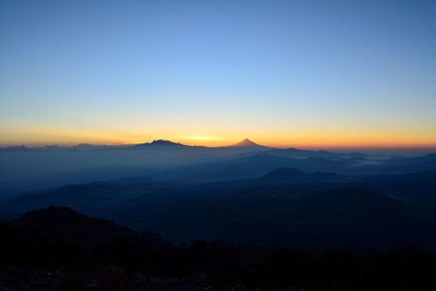 Scenic view of mountains against sky at sunset