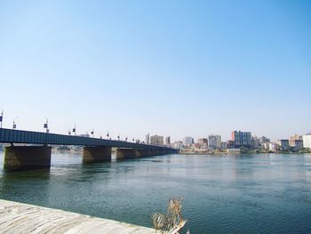 Bridge over river against clear blue sky