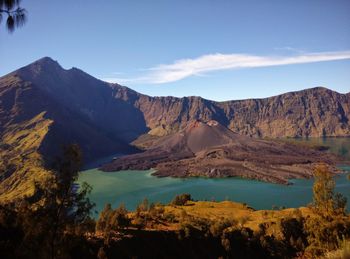Scenic view of lake and volcano mountains against sky