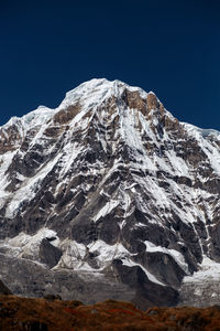 Scenic view of snowcapped mountains against clear blue sky