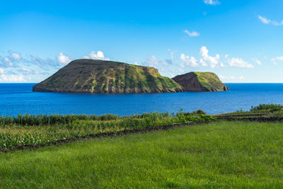 Scenic view of sea and island seen from grassy field