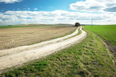 A long dirt road through fields, horizon and white clouds on a blue sky