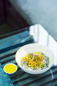 High angle view of food in plate on table