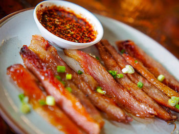 Close-up of meat served in plate on table