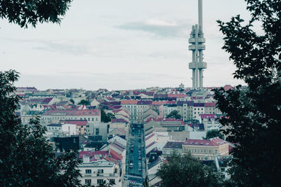 High angle view of buildings against sky