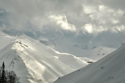 Scenic view of snow covered mountains against sky