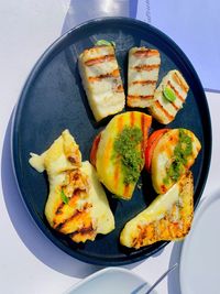 High angle view of seafood in plate on table