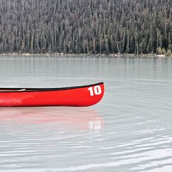 Red boat moored on lake against trees