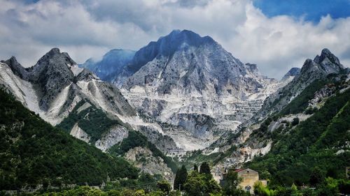 Scenic view of mountains against cloudy sky