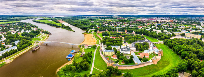 High angle view of river amidst buildings in city