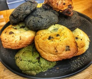 High angle view of bread in plate on table