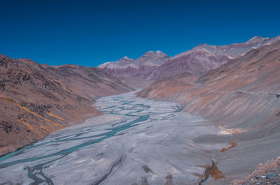 Scenic view of mountains against clear blue sky