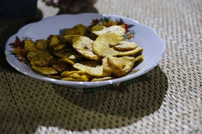 High angle view of food in plate on table