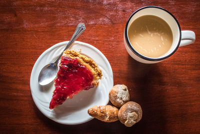 High angle view of breakfast served on table