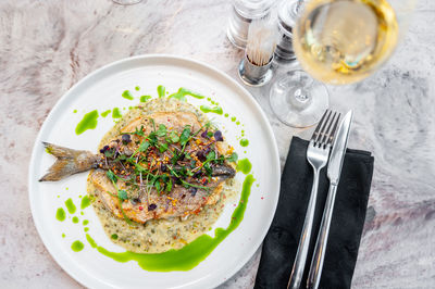 High angle view of food in plate on table