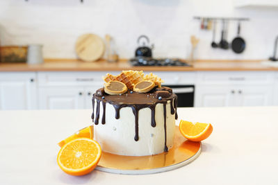 Lemon pie on a light background. citrus cake on kitchen table