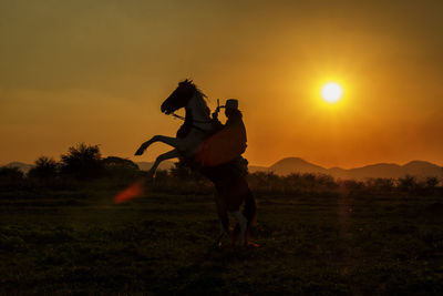 Man standing on field against sky during sunset