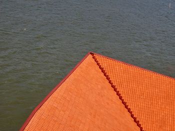 High angle view of house by sea