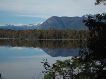 Scenic view of lake and mountains against sky