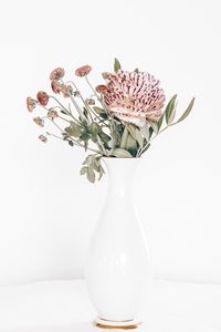 Close-up of flower vase on table against white background