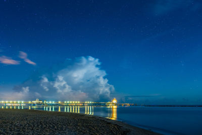 Scenic view of sea against blue sky at night