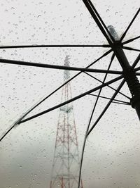 Low angle view of raindrops on window