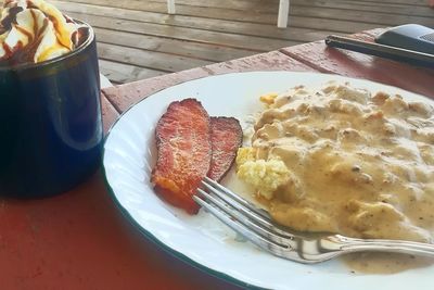 High angle view of breakfast served on table