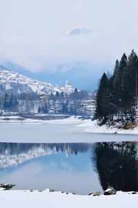 Scenic view of lake against sky during winter